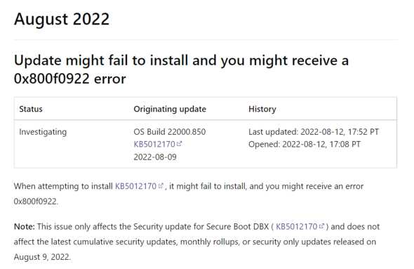 Problem with Windows security update program Installation fails and displays "0x800f0922"