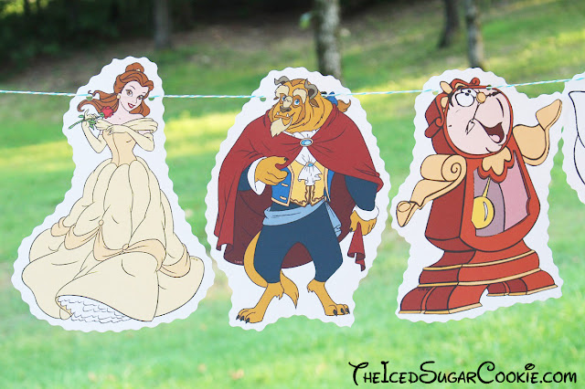 Beauty And Beast Birthday Party Banner DIY Ideas- Belle, Beast, Cogsworth Clock, Mrs Potts and Chip, Lumiere Candlestick