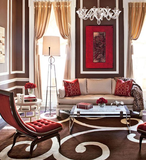 bold chocolate brown and red living room