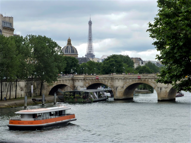 View of the Eiffel Tower taken from Quai de la Mégisserie on the river Seine.