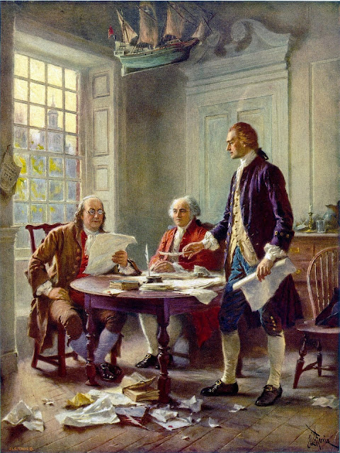 На фото Бенджамин Франклин, Джон Адамс и Томас Джефферсон