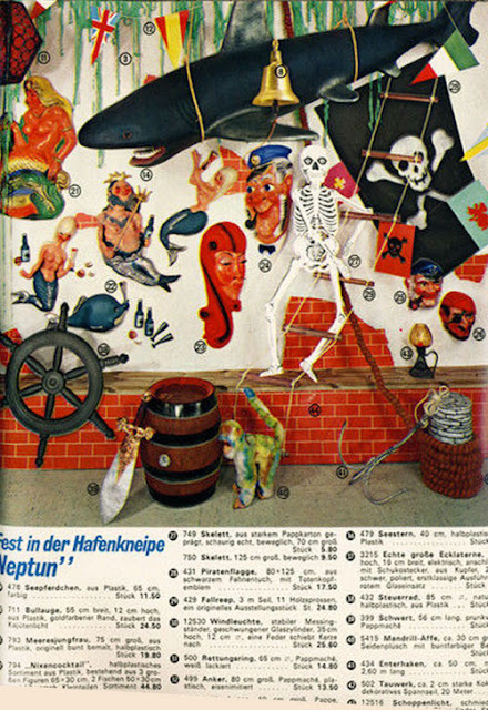 Pirate theme party supply including large embossed diecut skeleton as seen in vintage German catalog from 1974