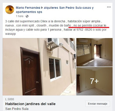 Apartamentos en alquiler San Pedro Sula para solteros sin cocina