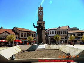 ankara Hamamönü Talatpaşa independence anthem writer Mehmet Akif Ersoy statue located on the boulevard, and a clock tower