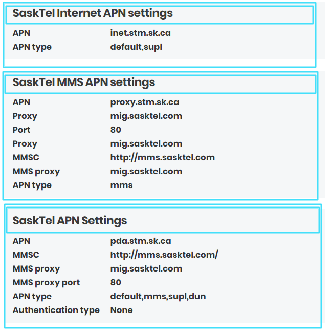 New SaskTel  APN Settings