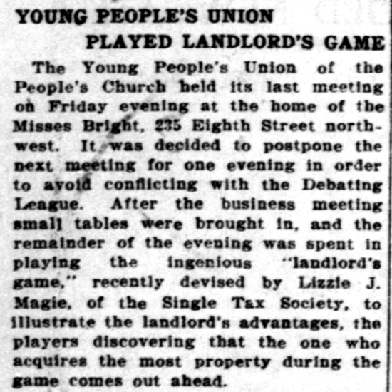 The Landlord's Game newspaper article 1903