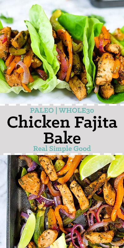 We are huge fans of tacos, fajitas and pretty much anything with Mexican flavors! And of course we love simple, quick and easy meals. So, this Paleo and Whole30 chicken fajita bake is basically where all the things collide! You'll love this flavor-packed Paleo and Whole30 sheet pan meal that's ready in just 35 minutes! | realsimplegood.com #paleorecipe #whole30recipe #sheetpan
