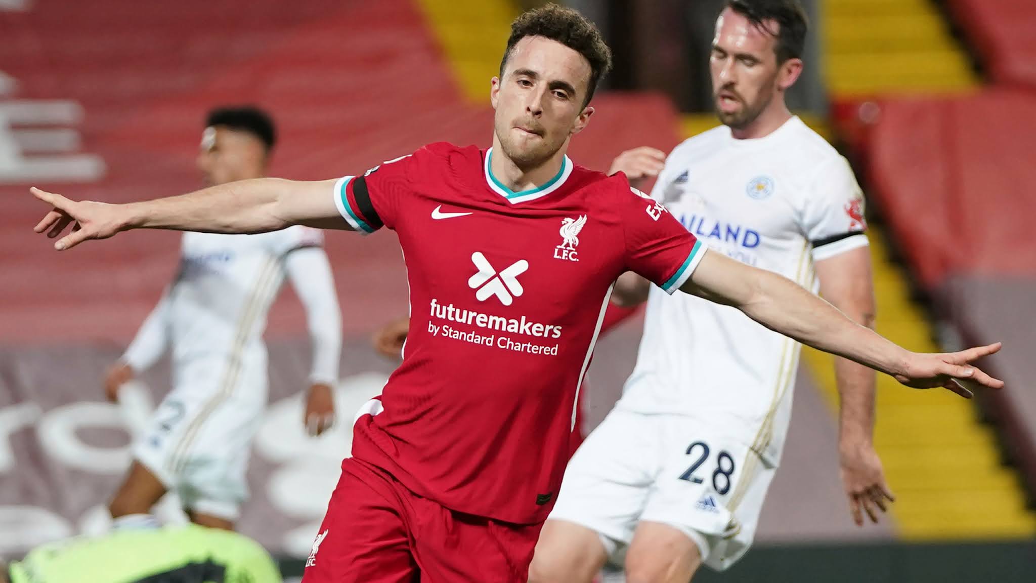 Diogo Jota scores an header against Leicester City.