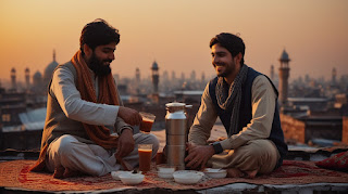 Two people on a rooftop in Lahore sharing chai