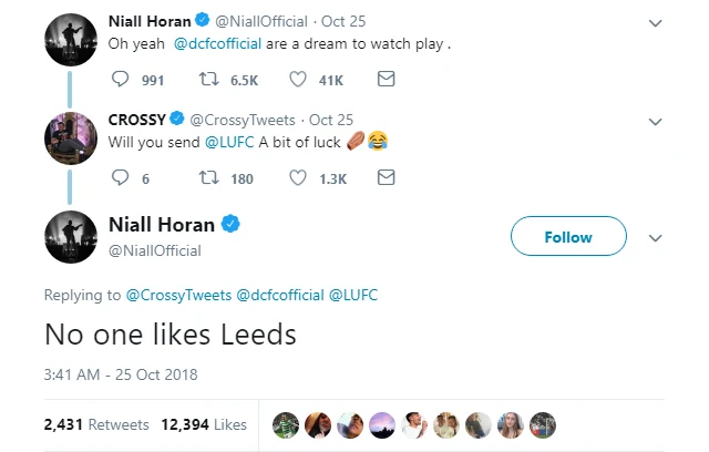 Former One Direction star Niall Horan starts a bizarre feud with Leeds United