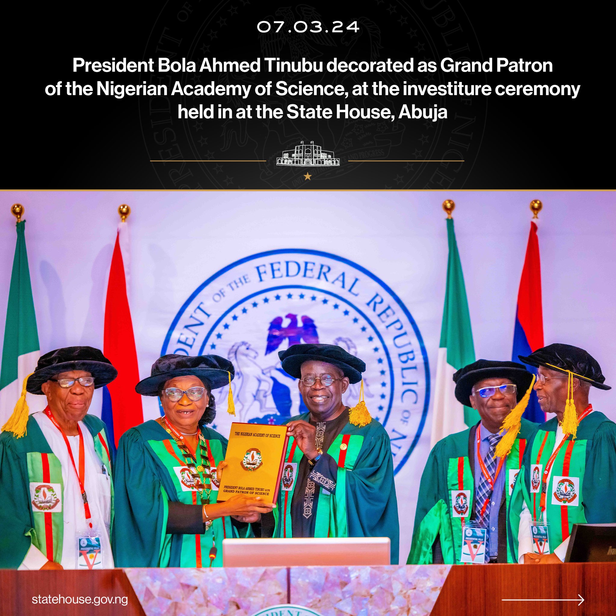 President Asiwaju Bola Ahmed Tinubu has been decorated as Grand Patron of the Nigerian Academy of Science in Abuja