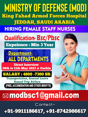 Urgently Required Nurses for Ministry of Defence Hospital Jeddah, Saudi Arabia