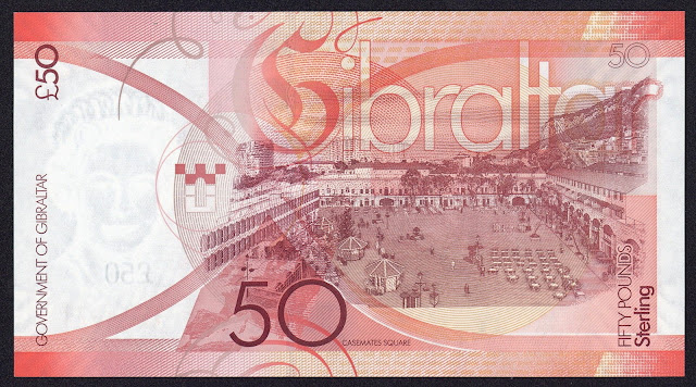 Gibraltar money currency 50 Pounds banknote 2010 Grand Casemates Square in Gibraltar