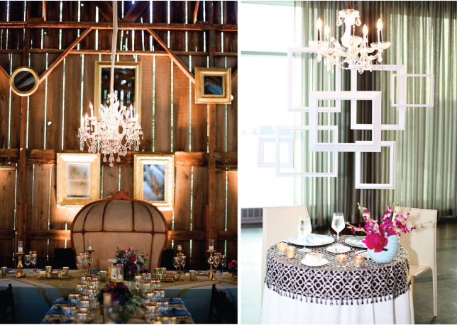 Hanging frames in top of your reception tables gives the venue and the 