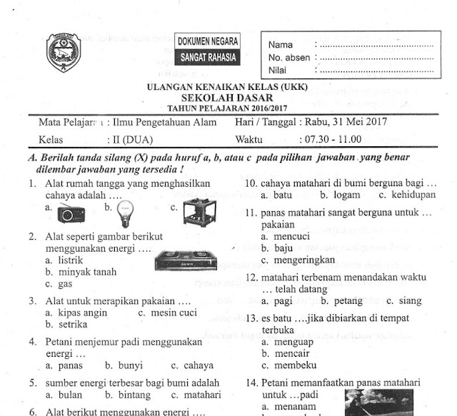 Kumpulan Soal UKK IPA Kelas II SD 2017