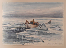 Watercolor of small whaling boat being cut through the ice