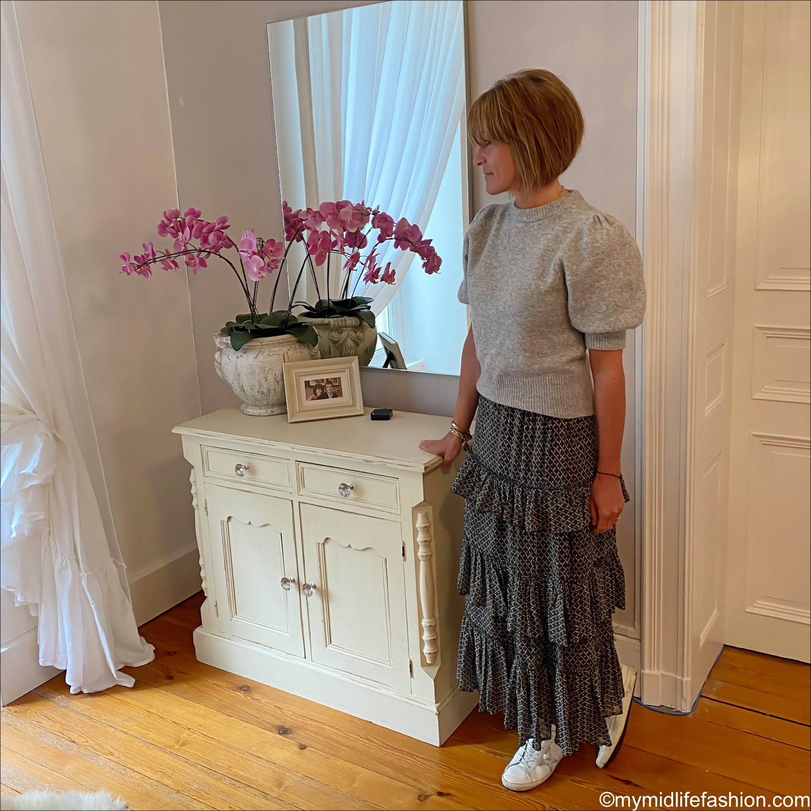 my midlife fashion, h and m puff sleeve jumper, Isabel Marant Etoile tiered maxi skirt, golden goose superstar low top leather trainers