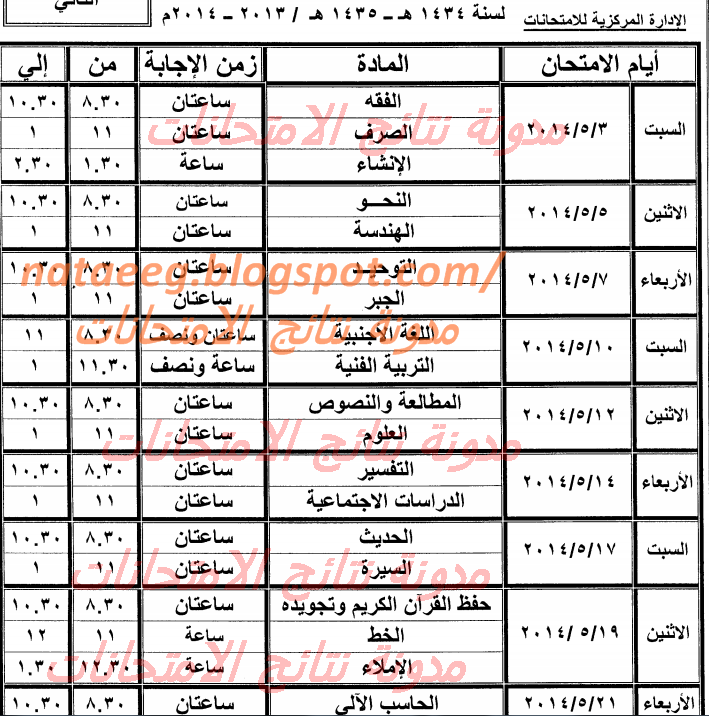 جدول امتحانات الصف الثالث الاعدادى الازهرى 2014 الترم الثانى - أخر العام