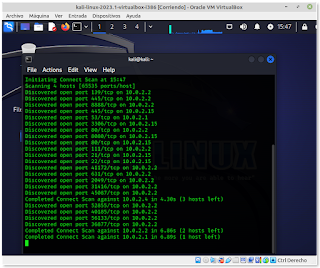 Captura de pantalla ejecución nmap a través de Virtualbox corriendo el sistema operativo Kali