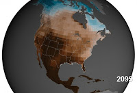 The normal climate of North America in 2095 under business as usual warming (i.e. no Paris agreement) according to a 2015 NASA study. The darkest areas have soil moisture comparable to the 1930s Dust Bowl. Click to Enlarge.