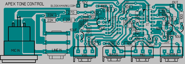 Skema dan layot PCB Apex tone control dengan mic input
