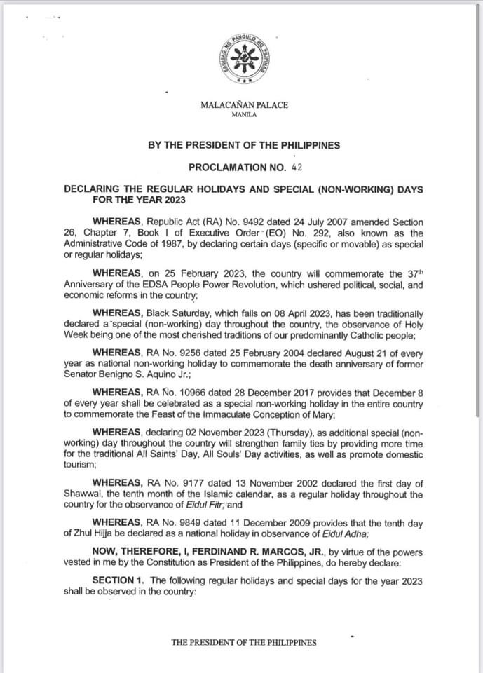 Malacañang releases list of regular holidays and special nonworking