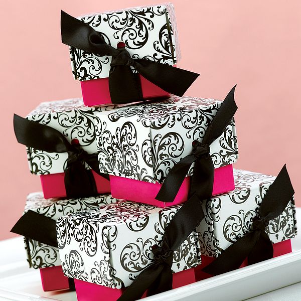 Black and Fuchsia Pink Filigree Favor Boxes with Ribbon