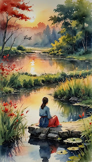 Woman Sitting near a Pond portrait Wallpaper | Water Colour Ai Art Image
