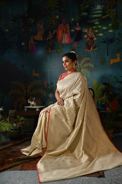 White Ektara silk Banarasi saree