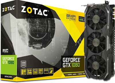   Spesifikasi ZOTAC GTX 1080 AMP Extreme        GPU  GeForce® GTX 1080  CUDA cores  2560  Video Memory  8GB GDDR5X  Memory Bus  256-bit  Engine Clock Base: 1771 MHz   Boost:1911 MHz  Memory Clock  10.8 GHz  PCI Express  3.0  Display Outputs  3 x DisplayPort 1.4   HDMI  2.0b   DL-DVI  HDCP Support  Yes  Multi Display Capability  Quad Display  Recommended Power Supply  500W  Power Consumption  270W  Power Input  Dual 8-pin  DirectX  12 API feature level 12_1  OpenGL  4.5  Cooling  Triple Fan IceStorm  Slot Size  2.5 slots  SLI  Yes zotac gtx 1080 amp extreme review zotac gtx 1080 amp extreme power consumption zotac gtx 1080 amp extreme benchmark zotac gtx 1080 amp extreme 8g zotac gtx 1080 amp extreme hashrate zotac gtx 1080 amp extreme zotac gtx 1080 amp extreme canada zotac gtx 1080 amp extreme drivers zotac gtx 1080 amp extreme dimensions zotac gtx 1080 amp extreme edition zotac gtx 1080 amp extreme fan revving zotac gtx 1080 amp extreme fan issue zotac gtx 1080 amp extreme installation zotac gtx 1080 amp extreme length zotac gtx 1080 amp extreme mining zotac gtx 1080 amp extreme overclock zotac gtx 1080 amp extreme specs zotac gtx 1080 amp extreme size zotac gtx 1080 amp extreme vs 1080 ti zotac gtx 1080 amp extreme vs amp zotac gtx 1080 amp extreme vs asus strix gtx 1080 zotac gtx 1080 amp extreme waterblock  https://www.zotac.com/id/product/graphics_card/zotac-geforce-gtx-1080-amp-extreme#spec