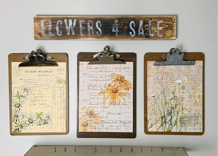 Garden printables and wood flowers for sale sign.