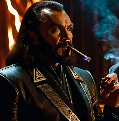 A cartoon like Klingon wearing a leather uniform and smoking a cigar with shoulder length hair