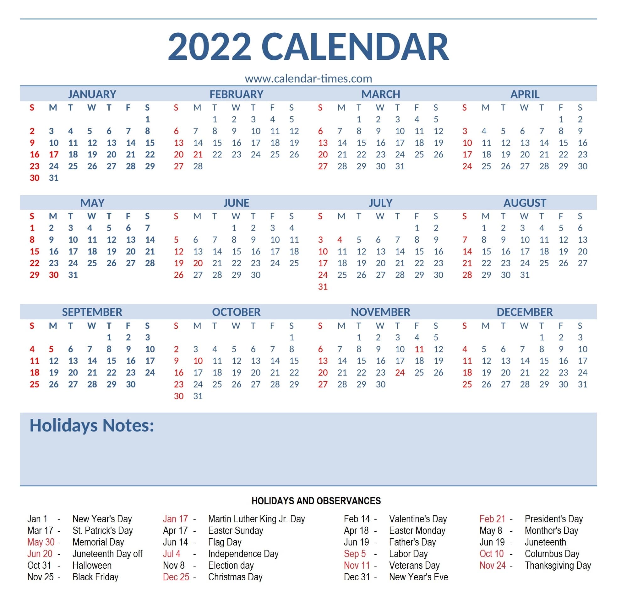 2022 Calendar