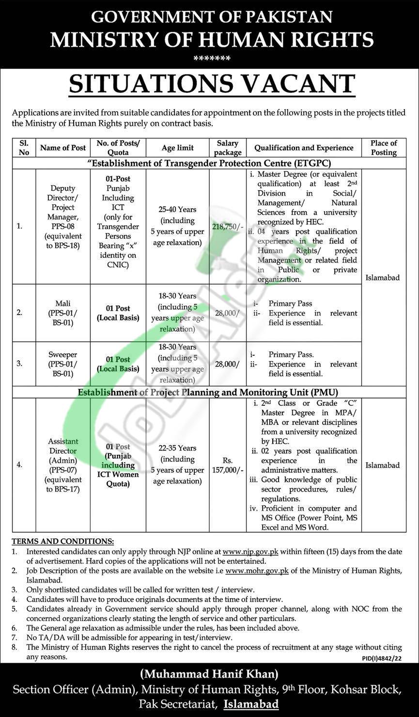 Ministry of Human Rights Pakistan Jobs 2023 Application Form Online