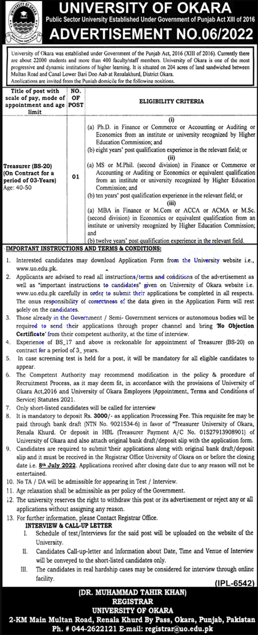 University of Okara jobs 2022 Application Form