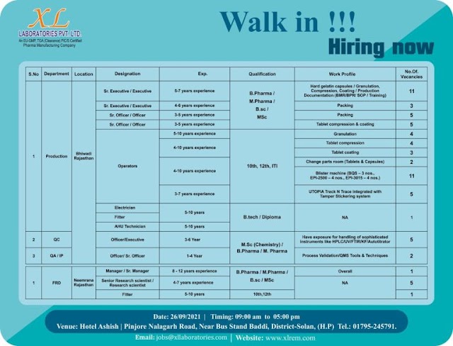 XL Laboratories | Walk-in for Production/QC/QA/FR&D on 26th Sept 2021