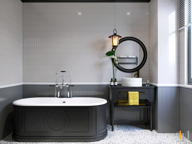 Phòng tắm được thiết kế tông màu tối sang trọng