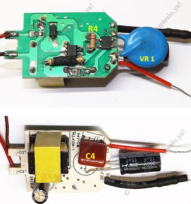Circuito de lampara LED modificado con  3 componentes de protección y filtro.