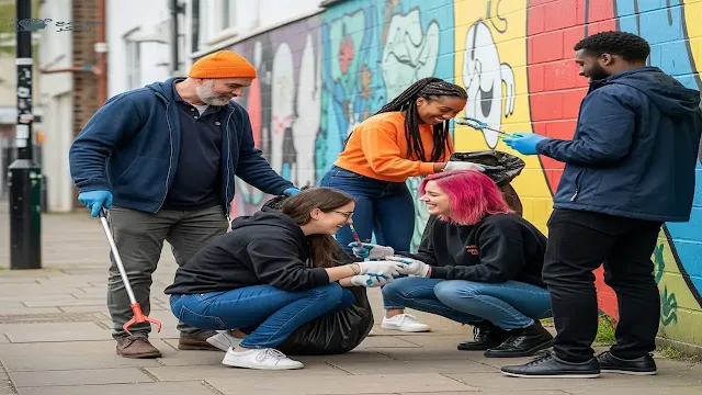صورة لمجموعة من أفراد المجتمع المحلي يتعاونون في نشاط إيجابي، ترمز إلى عملية تغيير السلوكيات السلبية نحو الأفضل.
