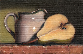 Still life oil painting of a small porcelain milk jug beside a halved pear.