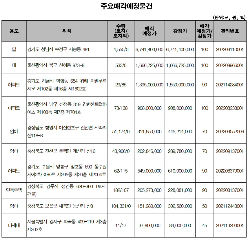 ▲ 주요 매각 예정 물건