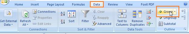 cara grouping baris dan kolom excel 2007