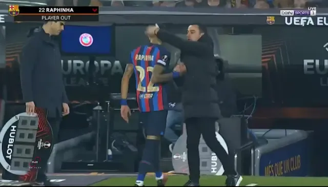 Spotted: Raphinha's reaction to getting subbed for Ferran Torres after Man United heroics