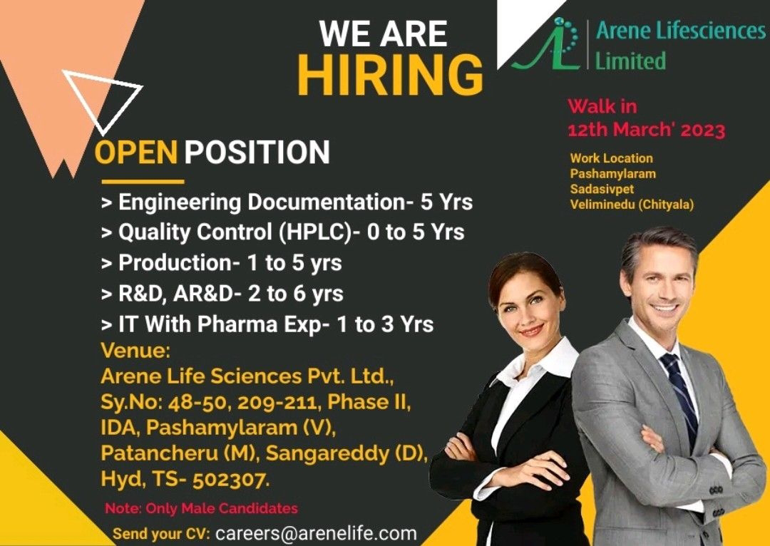 Job Availables, Arene Life Sciences Pvt Ltd Walk In Interview For Fresher/ Experienced Candidates In Production / QC / R&D / AR&D / IT / Engineering