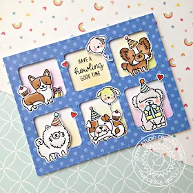 Sunny Studio Stamps: Party Pups Window Trio Squares Grid Birthday Themed Card by Franci Vignoli