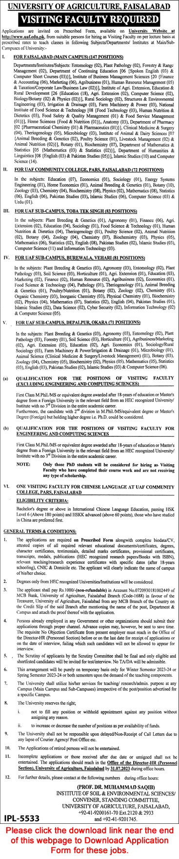 Visiting Faculty Jobs in University of Agriculture Faisalabad July 2023 ||UAF Application Form