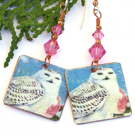 white blue pink snowy owl earrings gift for women