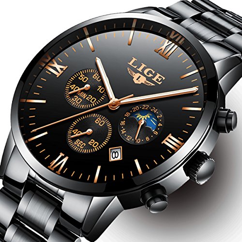LIGE Men's Watches Waterproof chrome steel Sport Analogue Quartz Watch