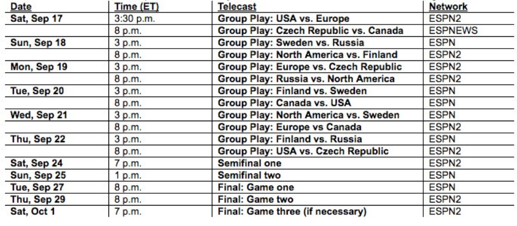 Goon's World World Cup of Hockey TV Schedule Released
