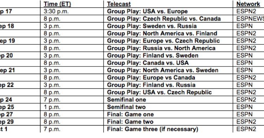 Goon's World World Cup of Hockey TV Schedule Released